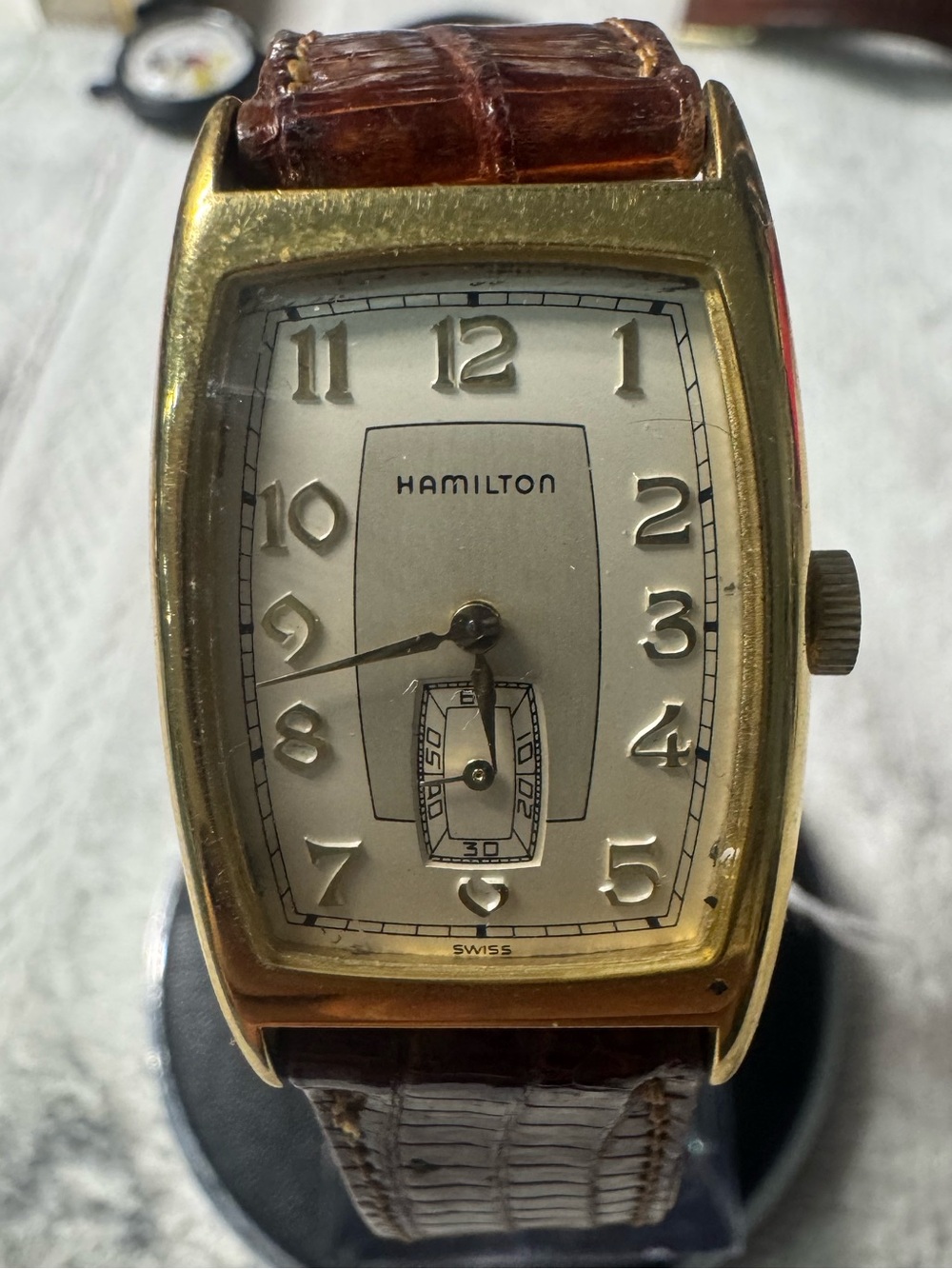Hamilton Gold-Tone Rectangular Dress Watch with Brown Strap